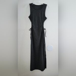 YOZY Gray Black Striped Ribbed Sleeveless Maxi Dress Ruched Sides L NWT